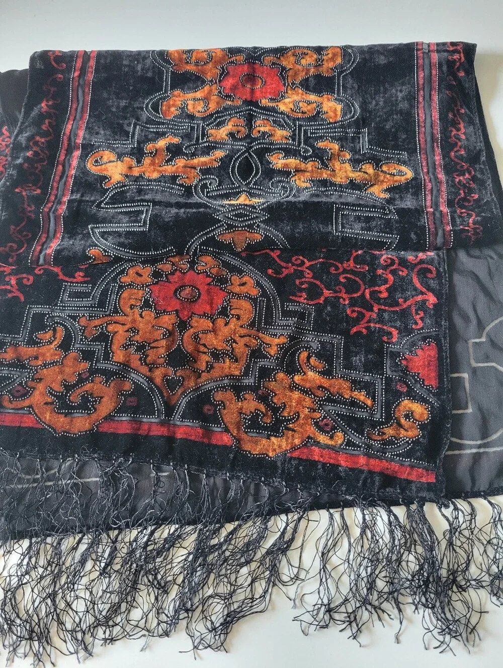 Burnout Velvet Silk Blend Fringe Goth Scarf
